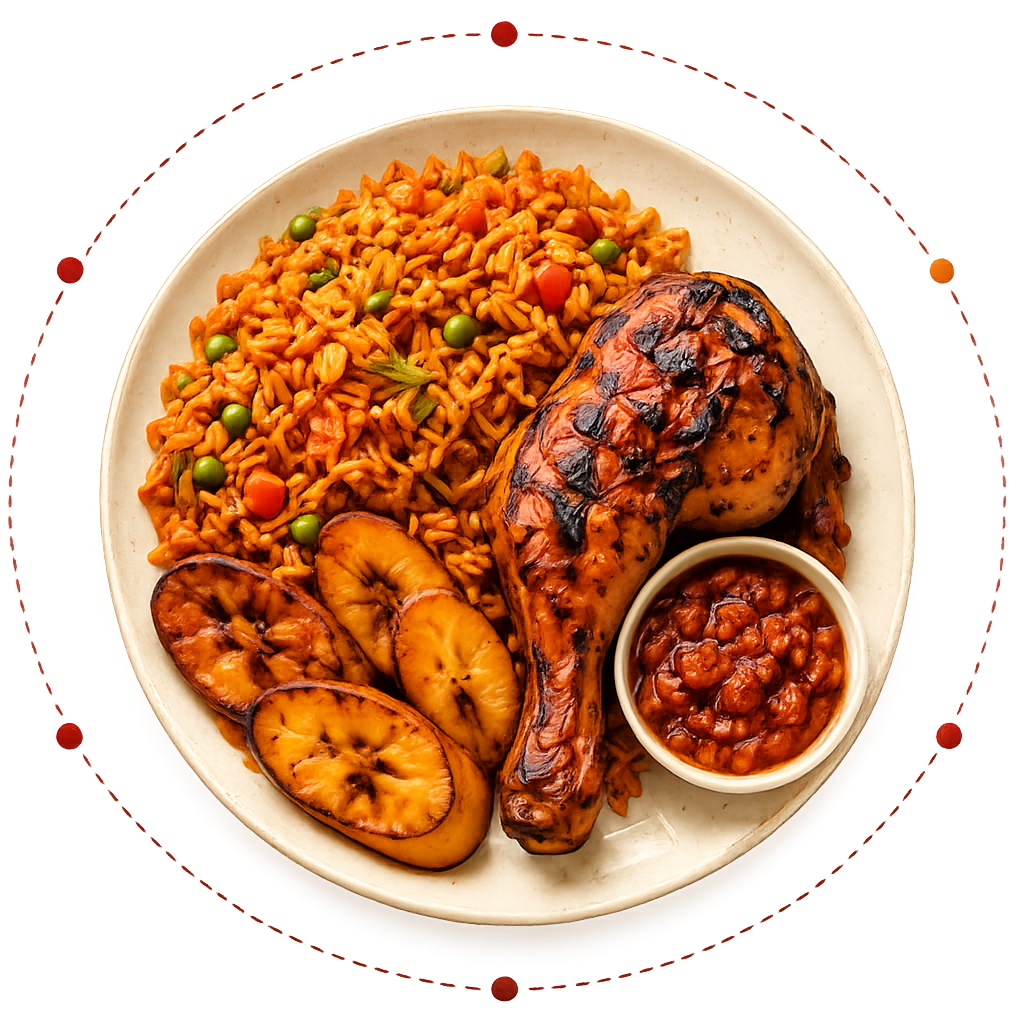 Bosly Foods signature jollof rice, chicken and plantain