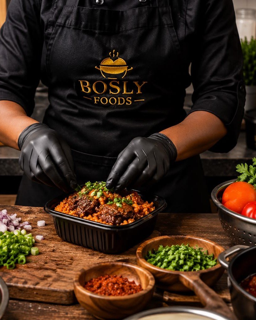 Bosly Foods chef plating smoky jollof rice with grilled chicken