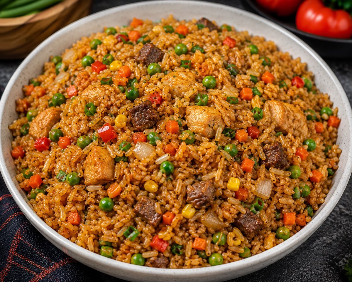 Nigerian fried rice with grilled chicken